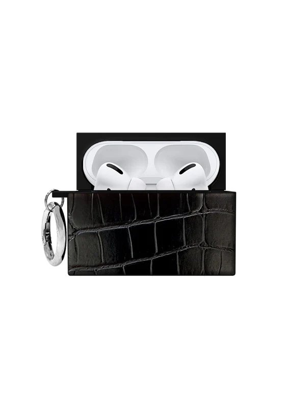 SQUARE® Black Crocodile Faux Leather AirPods Case - Image 10