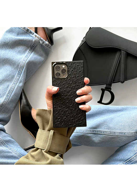 SQUARE® Black Ostrich Faux Leather iPhone Case - Image 42